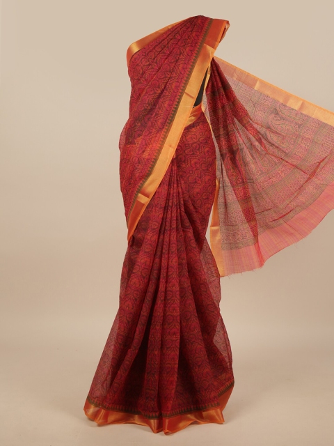 

Pothys Maroon & Orange Ethnic Motifs Printed Chanderi Saree