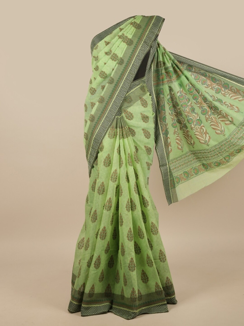 

Pothys Green & Brown Floral Chanderi Saree