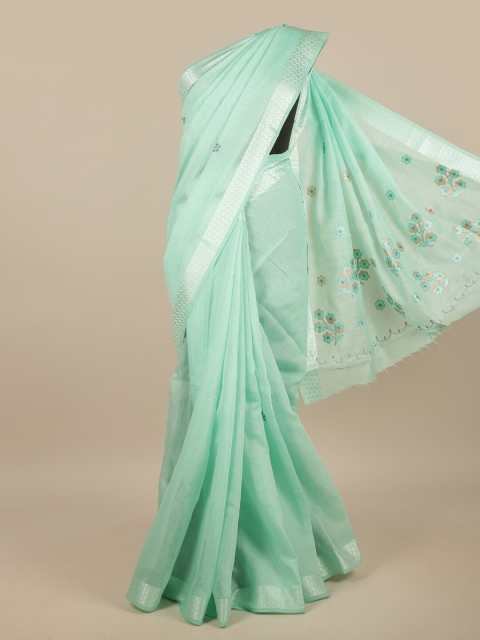 

Pothys Green & Silver-Toned Embroidered Chanderi Saree