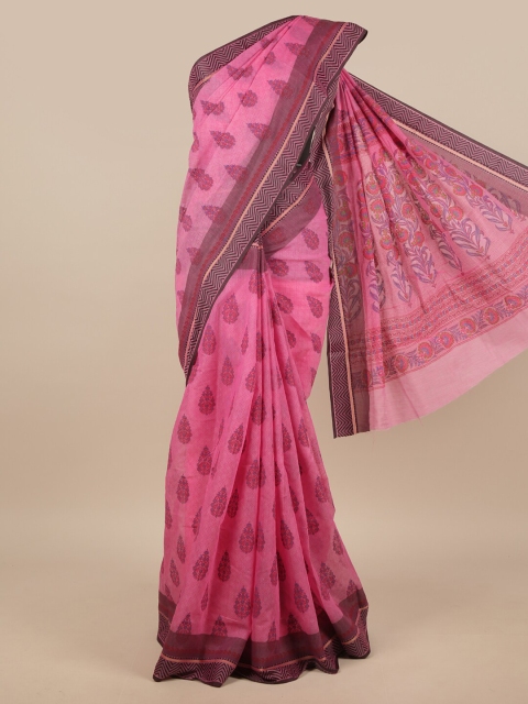 

Pothys Pink & Brown Floral Chanderi Saree