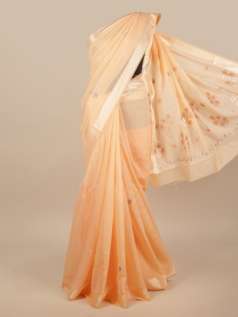 

Pothys Peach-Coloured & Orange Embriodered Chanderi Saree