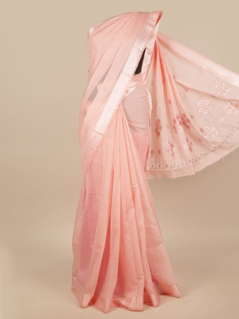 

Pothys Pink & Silver-Toned Embroidered Chanderi Saree