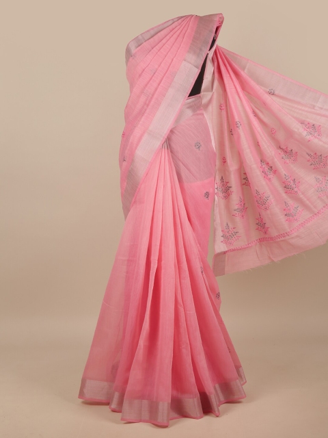 

Pothys Pink & Silver-Toned Embroidered Chanderi Saree