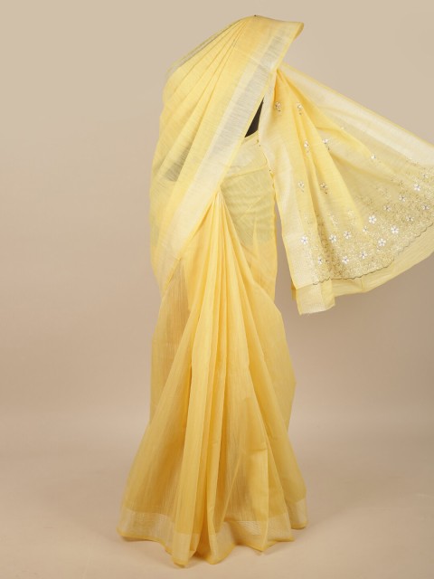 

Pothys Yellow & White Embroidered Chanderi Saree