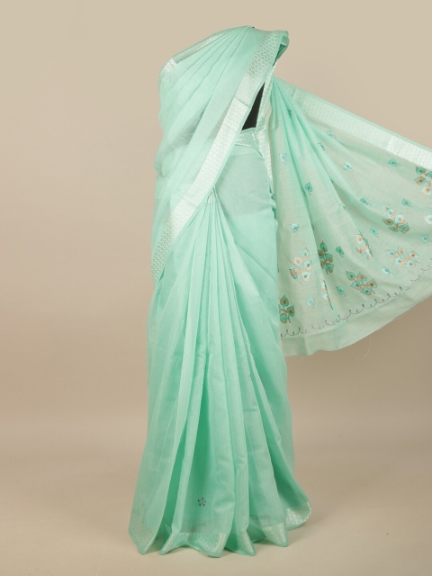 

Pothys Green & Silver-Toned Embroidered Chanderi Saree