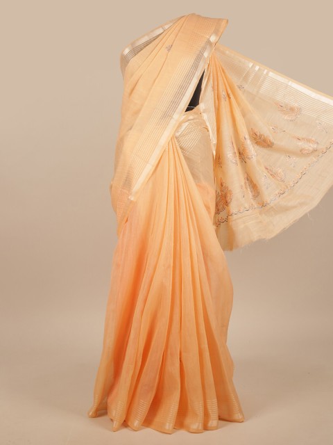 

Pothys Peach-Coloured & Silver-Toned Embroidered Chanderi Saree