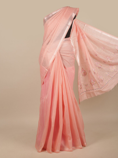 

Pothys Pink & Silver-Toned Embroidered Chanderi Saree