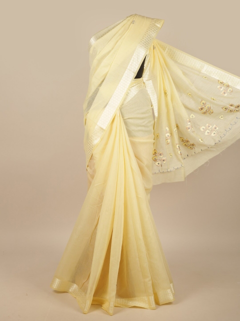 

Pothys Yellow & Silver-Toned Embroidered Chanderi Saree