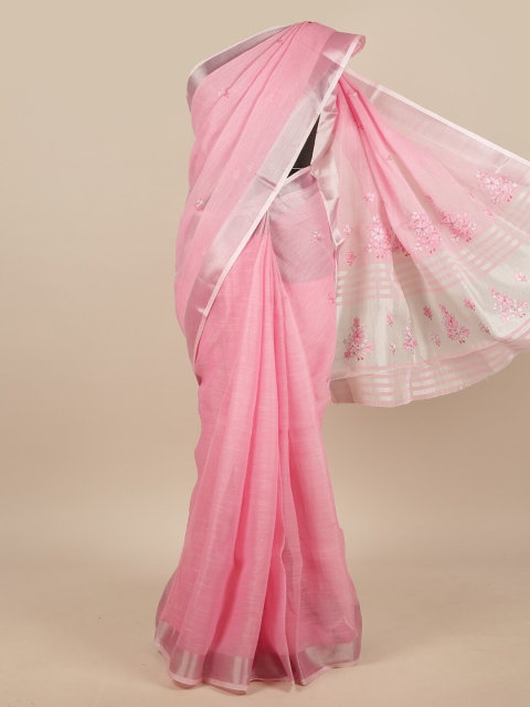 

Pothys Pink & Silver-Toned Embroidered Linen Blend Saree