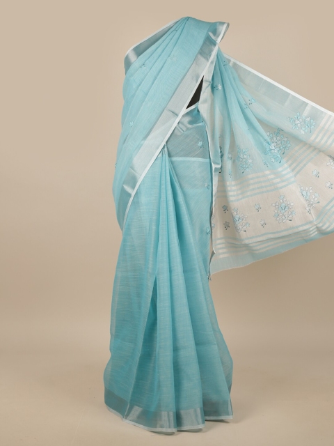 

Pothys Blue & Silver-Toned Embroidered Linen Blend Saree