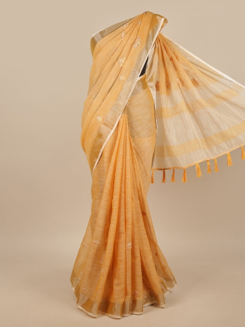 

Pothys Mustard & Silver-Toned Embroidered Linen Blend Saree