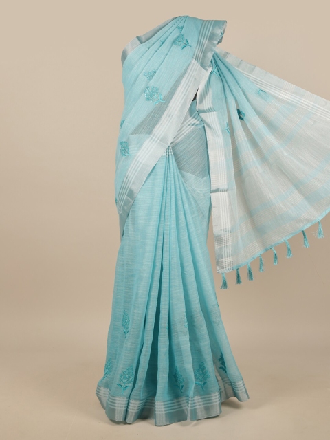 

Pothys Blue & Silver-Toned Embroidered Linen Blend Saree