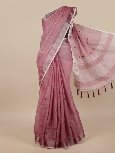 

Pothys Purple & Silver-Toned Embroidered Linen Blend Saree