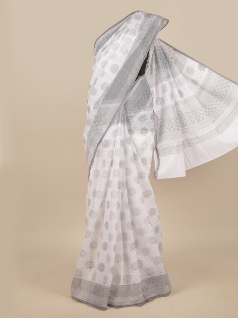 

Pothys White & Grey Floral Chanderi Saree
