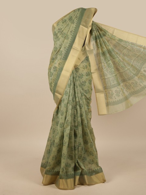 

Pothys Green & Gold-Toned Floral Chanderi Saree