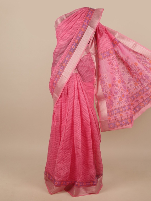 

Pothys Pink & Gold-Toned Floral Chanderi Saree
