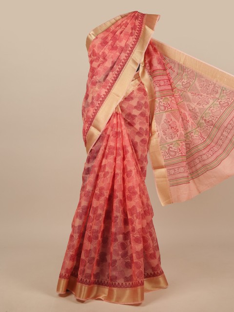 

Pothys Pink & Gold-Toned Floral Chanderi Saree