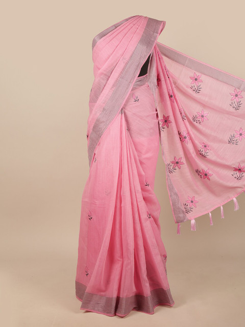 

Pothys Pink & Grey Embroidered Chanderi Saree
