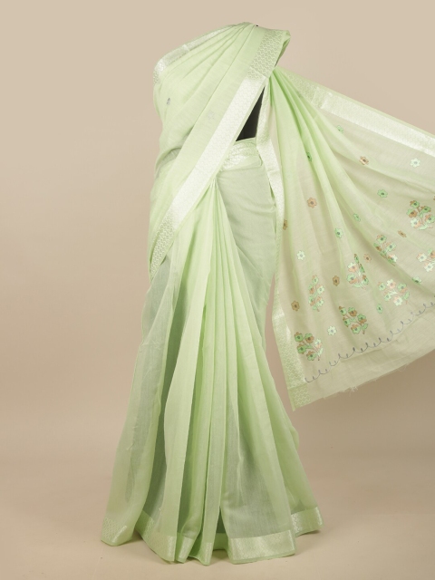 

Pothys Green & Silver-Toned Ethnic Motifs Chanderi Saree