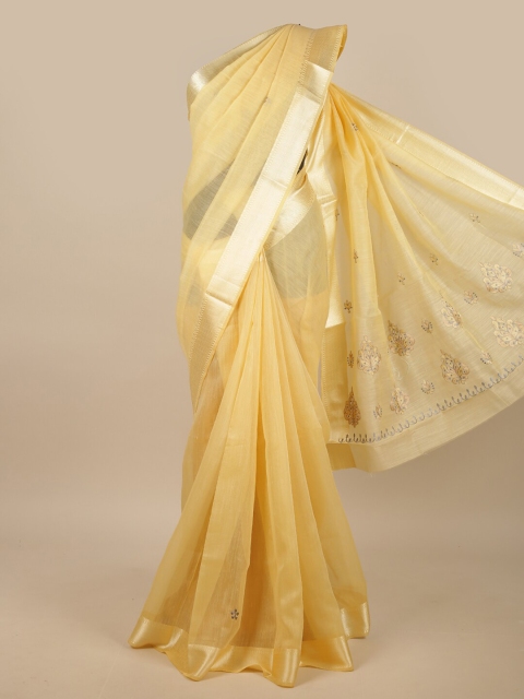

Pothys Yellow & Gold-Toned Embroidered Chanderi Saree