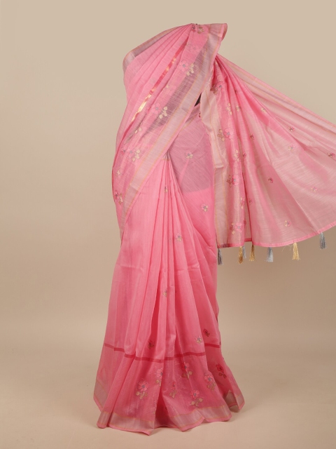 

Pothys Pink & Beige Embroidered Chanderi Saree