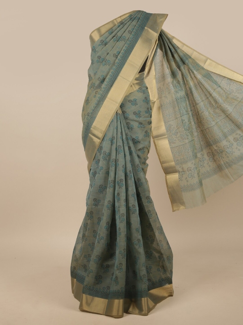 

Pothys Green & Gold-Toned Ethnic Motifs Printed Chanderi Saree