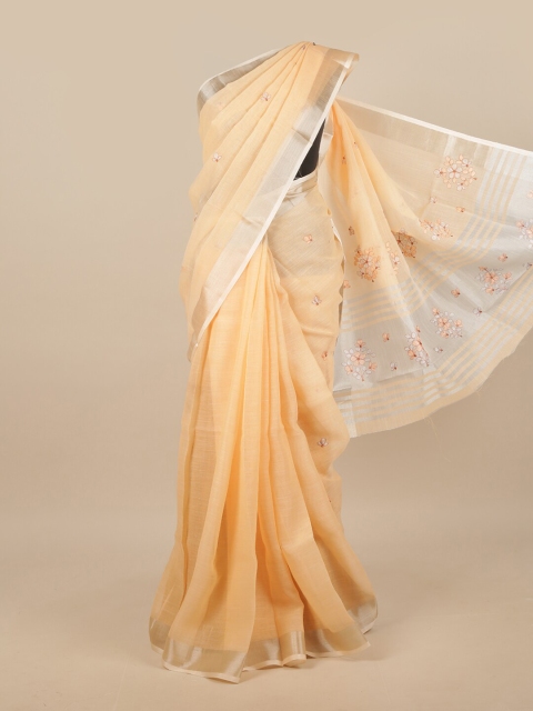 

Pothys Peach-Coloured & Silver-Toned Embroidered Linen Blend Saree