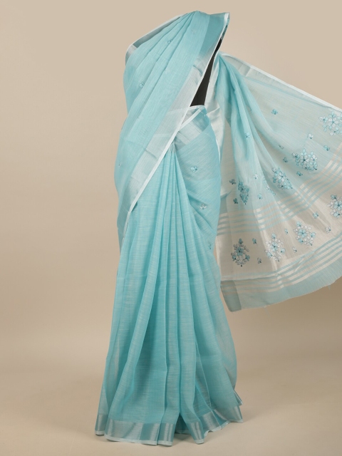 

Pothys Turquoise Blue & Silver-Toned Embroidered Linen Blend Saree