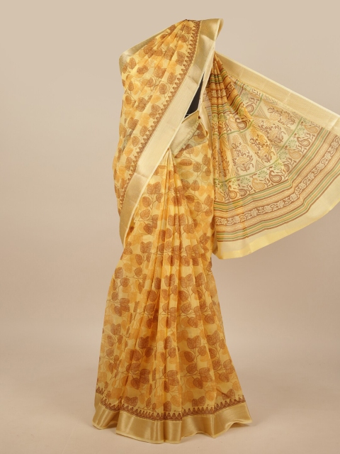 

Pothys Yellow & Brown Floral Chanderi Saree