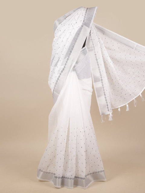 

Pothys White & Grey Ethnic Motifs Linen Blend Saree