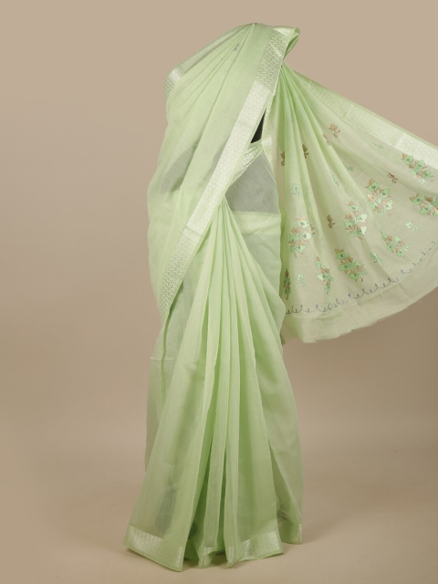 

Pothys Green & Silver-Toned Embroidered Chanderi Saree