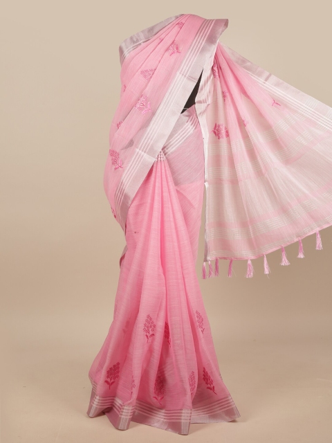

Pothys Pink & Silver-Toned Embroidered Zari Linen Blend Saree