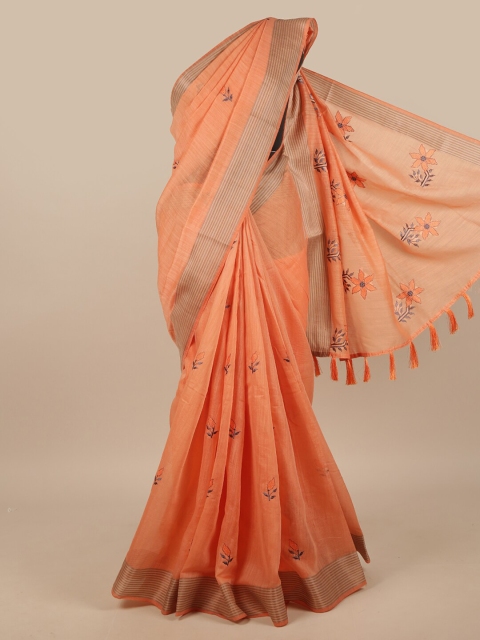 

Pothys Orange & Silver-Toned Embroidered Chanderi Saree