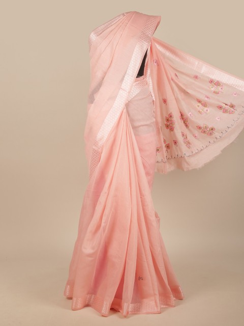 

Pothys Pink & Silver-Toned Embroidered Chanderi Saree