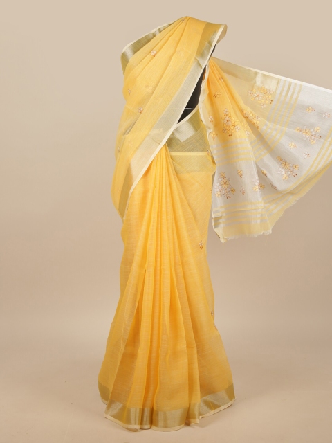 

Pothys Yellow & Grey Embroidered Linen Blend Saree