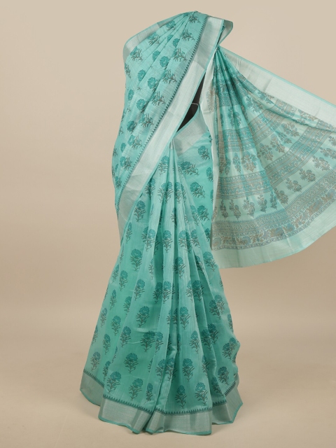 

Pothys Sea Green & Silver-Toned Floral Chanderi Saree