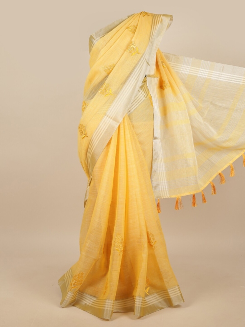 

Pothys Yellow & Silver-Toned Embroidered Linen Blend Saree