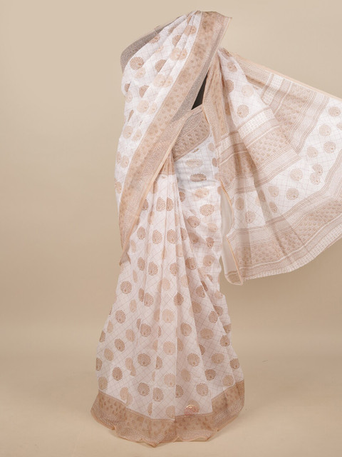 

Pothys White & Beige Floral Chanderi Saree