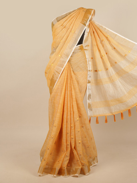 

Pothys Mustard & White Embroidered Linen Blend Saree