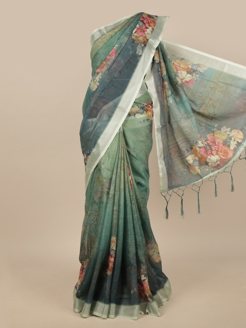

Pothys Green & Grey Floral Linen Blend Saree