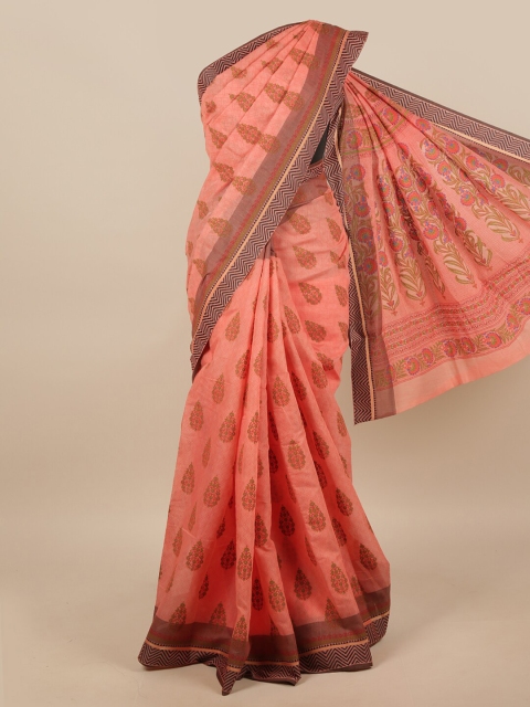 

Pothys Peach-Coloured Floral Printed Chanderi Saree