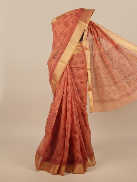 

Pothys Peach-Coloured & Gold-Toned Ethnic Motifs Chanderi Saree