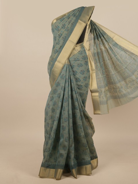 

Pothys Green & Gold-Toned Floral Chanderi Saree
