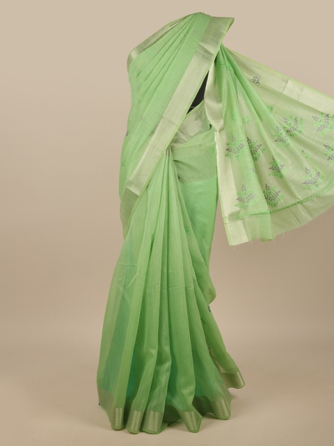 

Pothys Green & Silver-Toned Embroidered Chanderi Saree