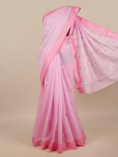 

Pothys Pink & Grey Embroidered Chanderi Saree