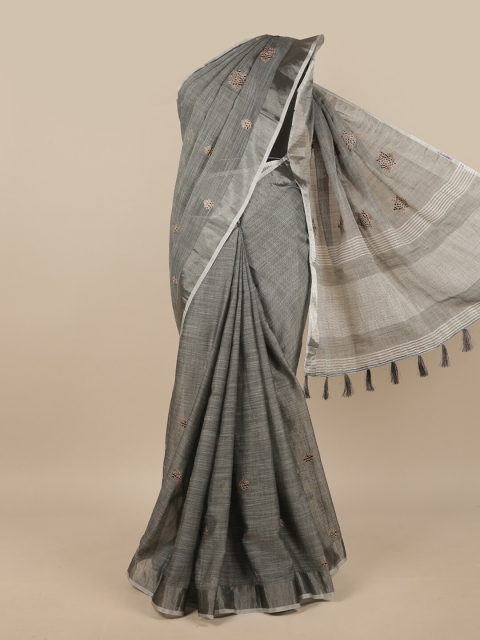 

Pothys Grey & Silver-Toned Embroidered Linen Blend Saree