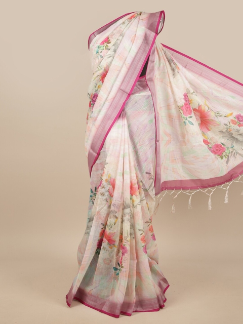 

Pothys White & Pink Floral Linen Blend Saree