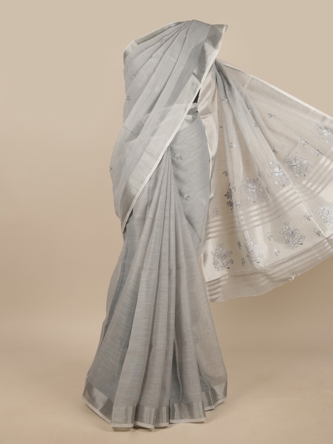 

Pothys Grey & Silver-Toned Embroidered Linen Blend Saree