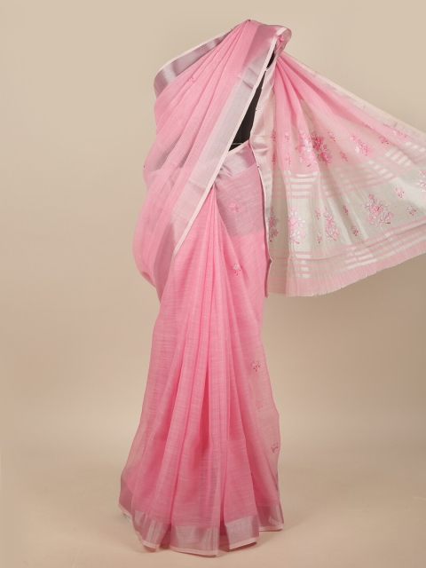 

Pothys Pink & Silver-Toned Embroidered Linen Blend Saree