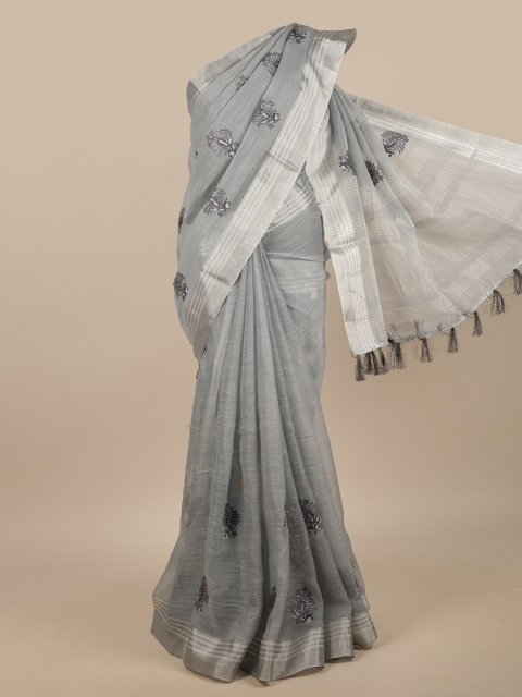 

Pothys Grey & Silver-Toned Embroidered Linen Blend Saree